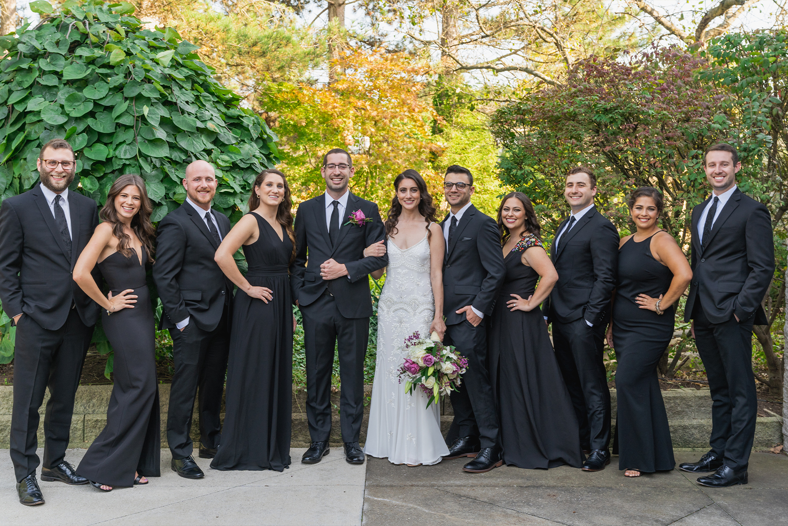Bride and groom with bridal party, bridal party portrait, classy pose, green, trees, nature, bushes, classy wedding ceremony at Landerhaven, Mayfield Heights OH