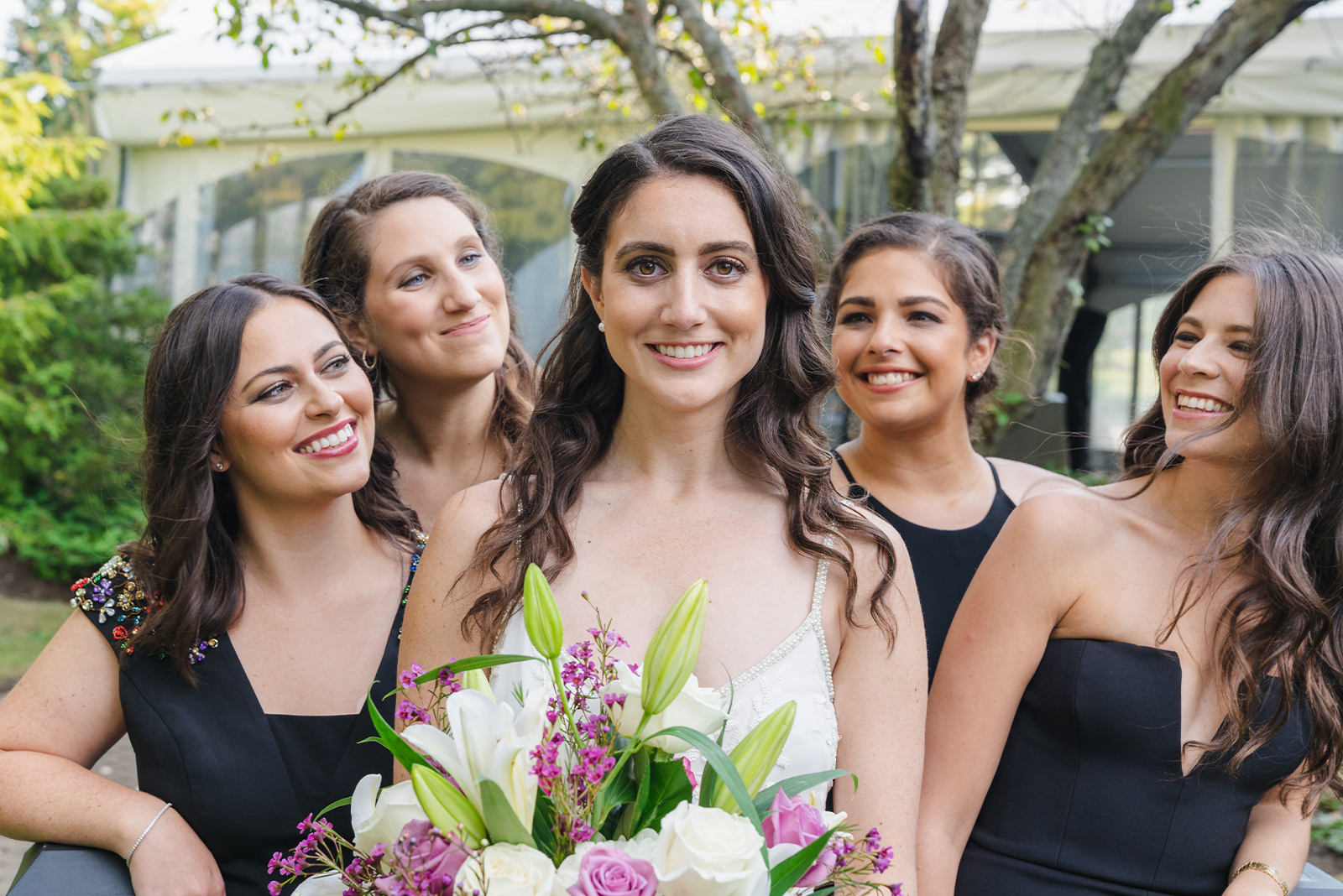 Bride and bridesmaids, bridal party portrait, classic, smile, beautiful, trees, nature, green, classy wedding ceremony at Landerhaven, Mayfield Heights OH