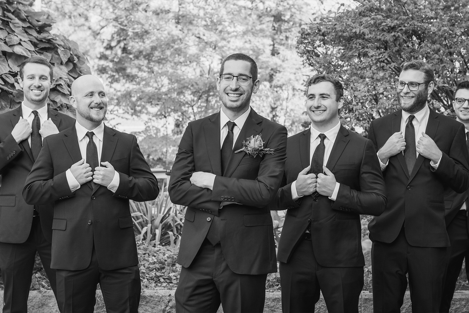 Groom and groomsmen, bridal party portrait, classic, black and white, wedding portrait, nature, trees, classy wedding ceremony at Landerhaven, Mayfield Heights OH