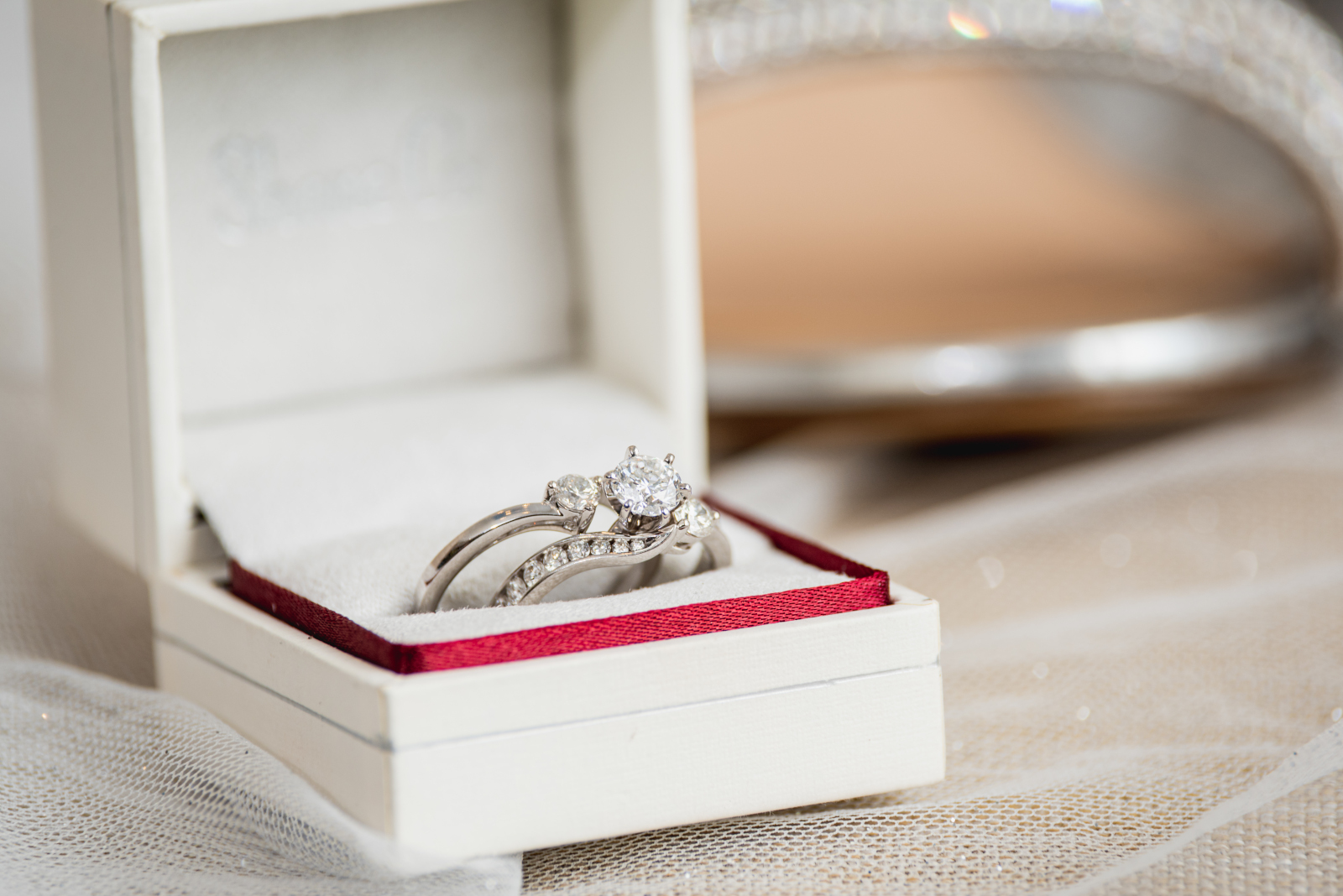 Wedding rings, engagement ring, classy white ring box, gorgeous wedding photo, sweet wedding ceremony at Crocker Park, Westlake OH