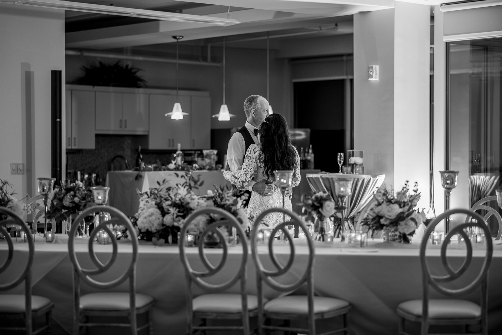 Bride and groom, first dance, romantic, wedding reception decor, African American wedding, urban wedding reception at Penthouse Events, Ohio City, Cleveland Flats