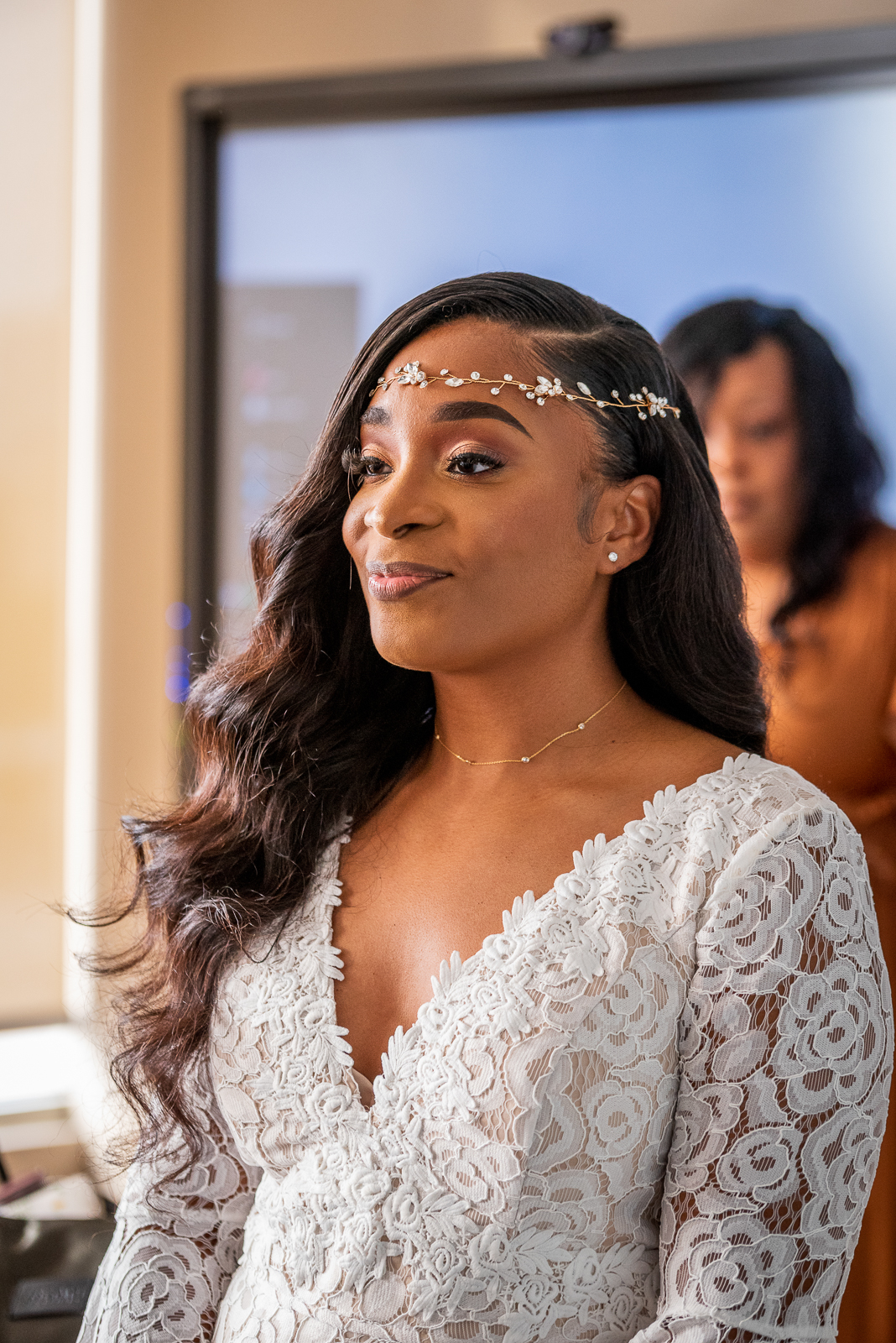 Bride getting ready, hair and makeup, jewelry, wedding preparation, wedding dress, bridal portrait, beautiful African American bride, African American wedding, classic, urban wedding ceremony at Penthouse Events, Ohio City, Cleveland Flats