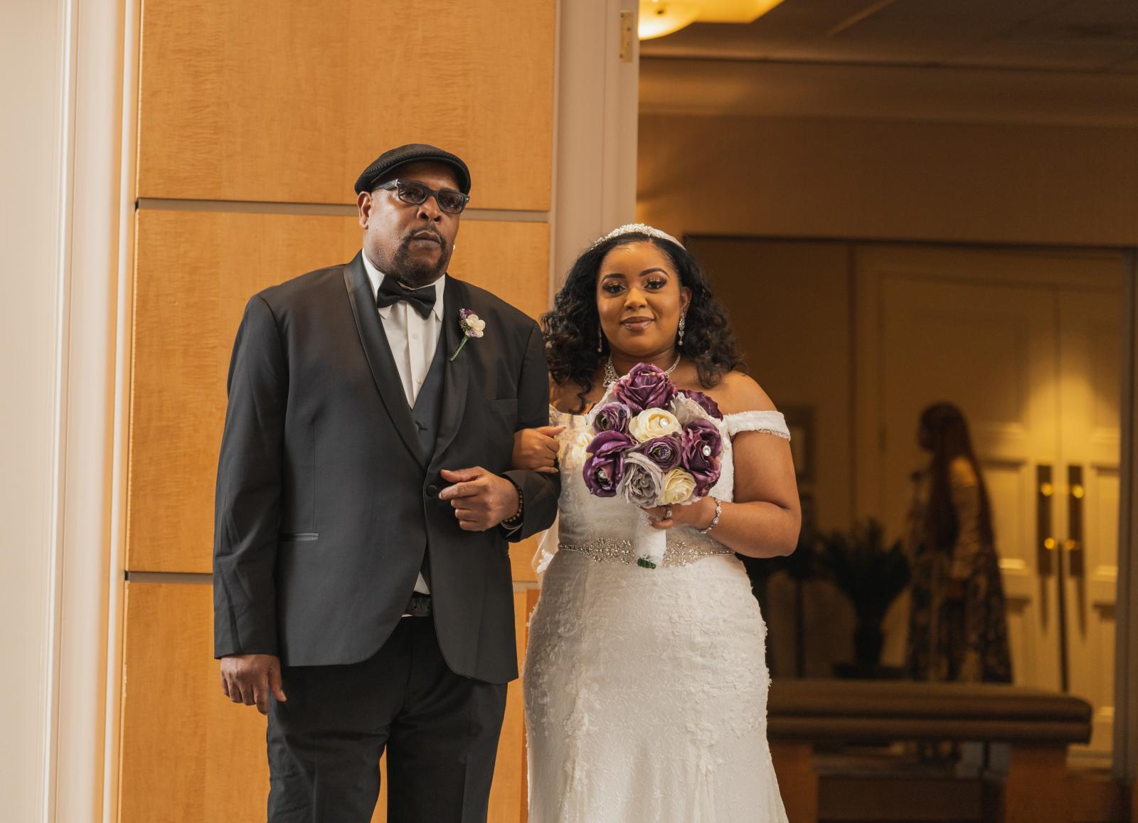 Bride and father, bridal march, bridal processional, beautiful African American bride, African American wedding, romantic wedding ceremony at Hilton Akron/Fairlawn