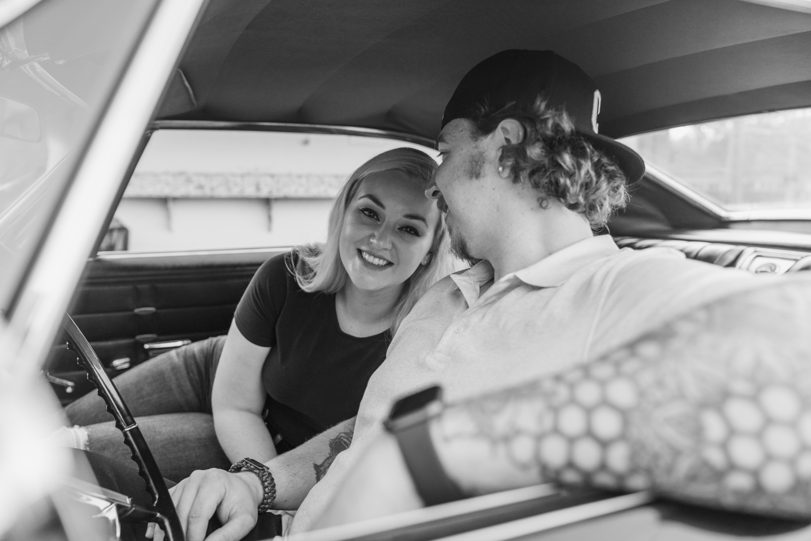 Man and woman fiancee engagement photo, couple portrait, vintage car, black and white, fall outdoor engagement photo shoot at Dairy King