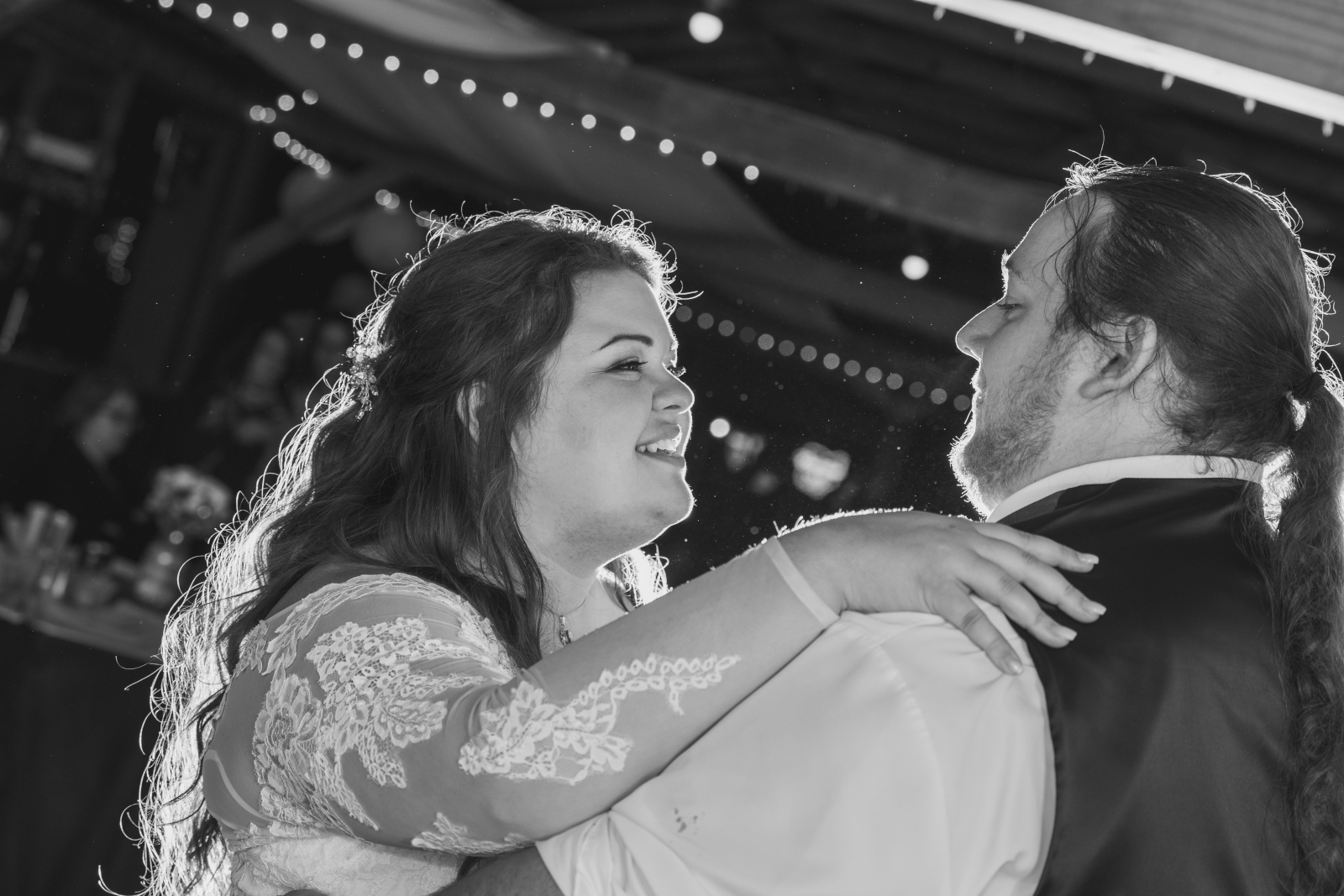 Bride and groom first dance, romantic, black and white, September wedding reception at Westfall Event Center
