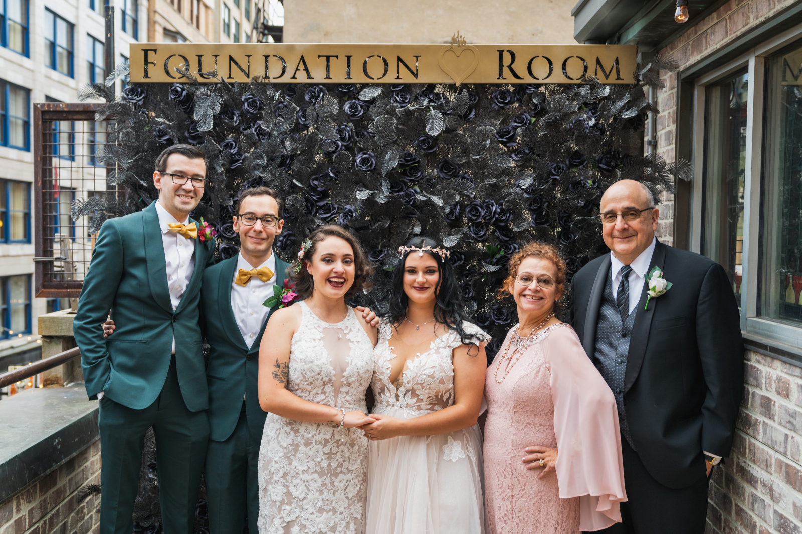 Two brides with family, family portrait, beautiful, classic, two wedding dresses, love is love, beautiful lesbian wedding at the House of Blues, Foundation Room