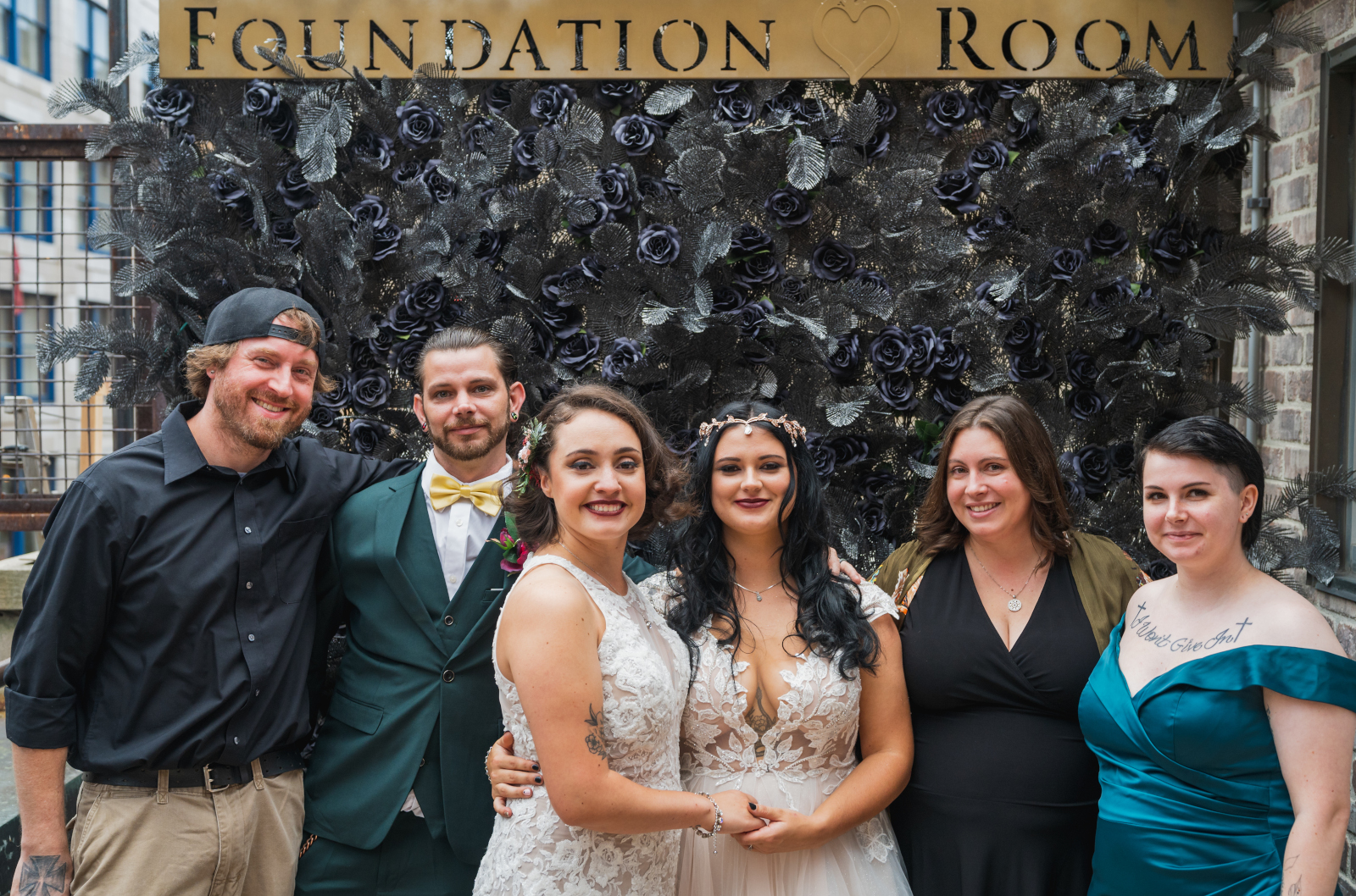 Two brides with family, family portrait, beautiful, classic, two wedding dresses, love is love, beautiful lesbian wedding at the House of Blues, Foundation Room