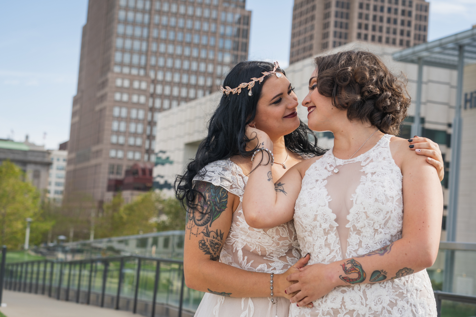 Two brides wedding portrait, beautiful, urban, smile, romantic, two wedding dresses, bridal crown, love is love, beautiful lesbian wedding at the House of Blues, downtown Cleveland