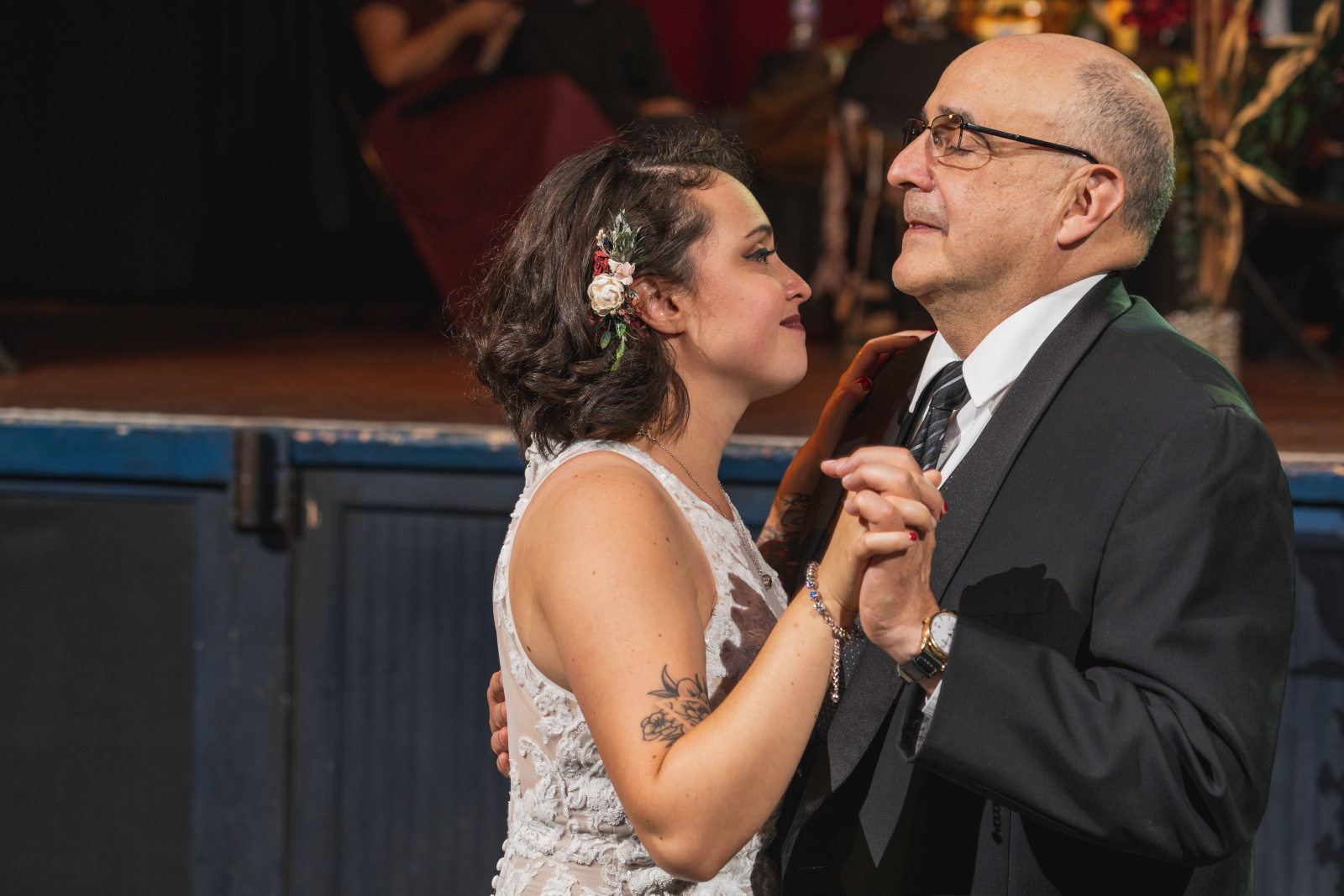 Two brides dance with dad, father of the bride, father daughter dance, wedding formal dance, slow dance, cute, sweet, two wedding dresses, love is love, beautiful lesbian wedding reception at House of Blues Cleveland