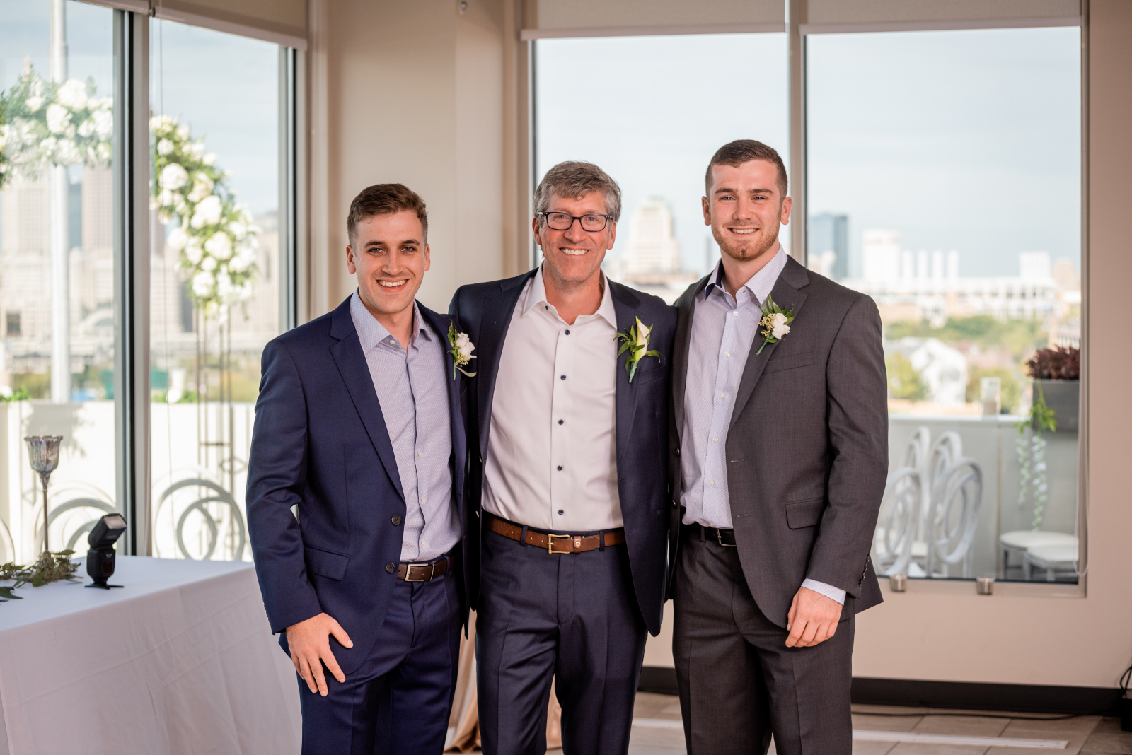 Groom with sons, groomsmen, bridal party portrait, small bridal party, older couple, romantic outdoor urban wedding ceremony at Penthouse Events, Ohio City, Cleveland Flats