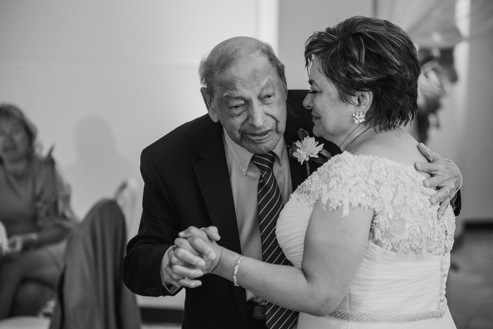 Bride and dad, father of the bride, father daughter dance, formal wedding dance, classic wedding photo, black and white, cute, sweet, older bride, older couple, romantic urban wedding reception at Penthouse Events, Ohio City, Cleveland Flats