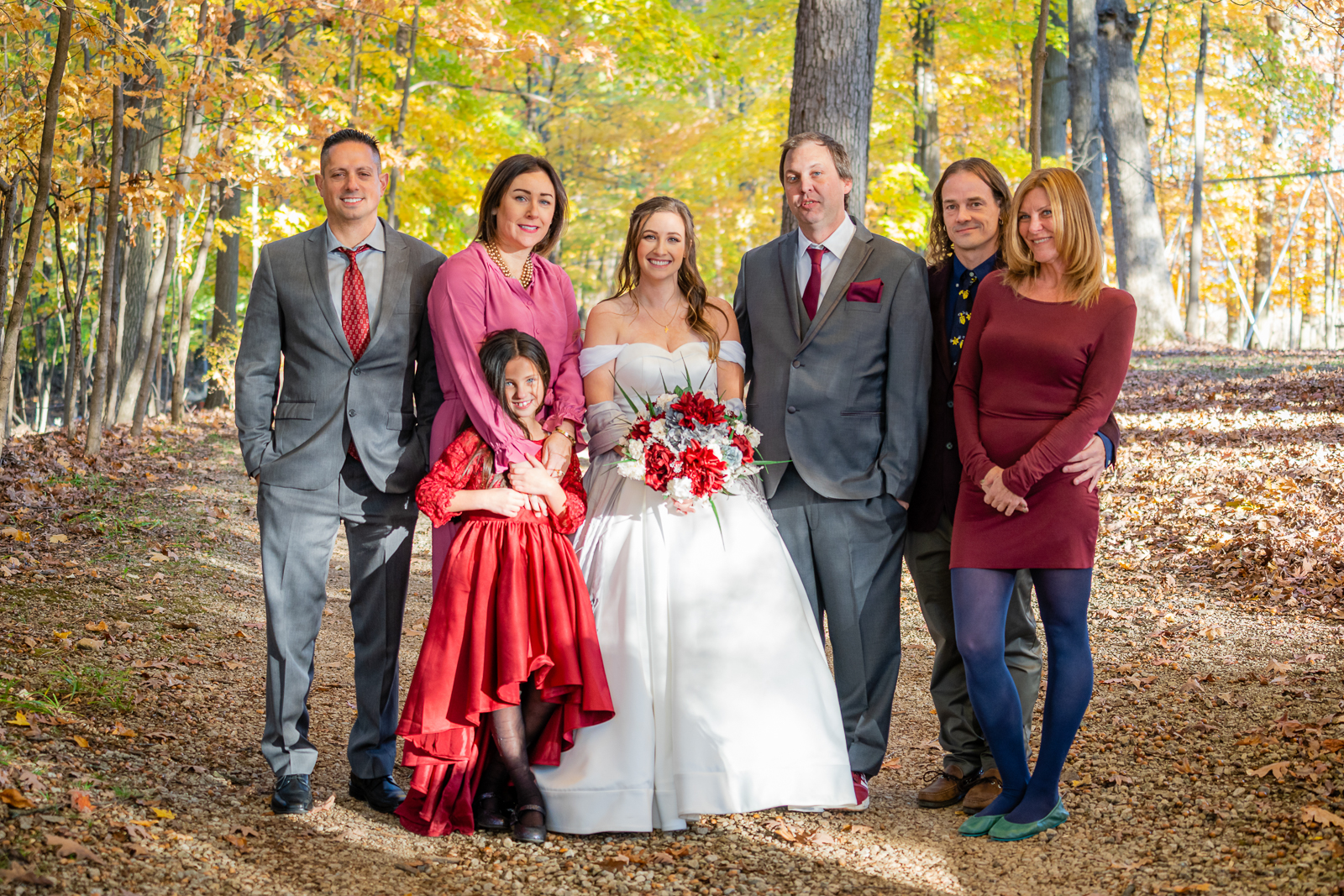 Bride and groom with family, family portrait, wedding portrait, fall wedding, outdoor wedding ceremony at German Central Organization