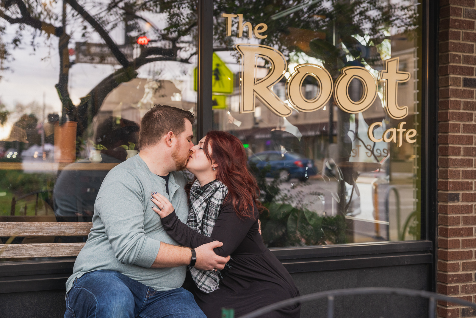 Man and woman fiancee engagement photo, fall engagement photo session at The Root Cafe, Lakewood