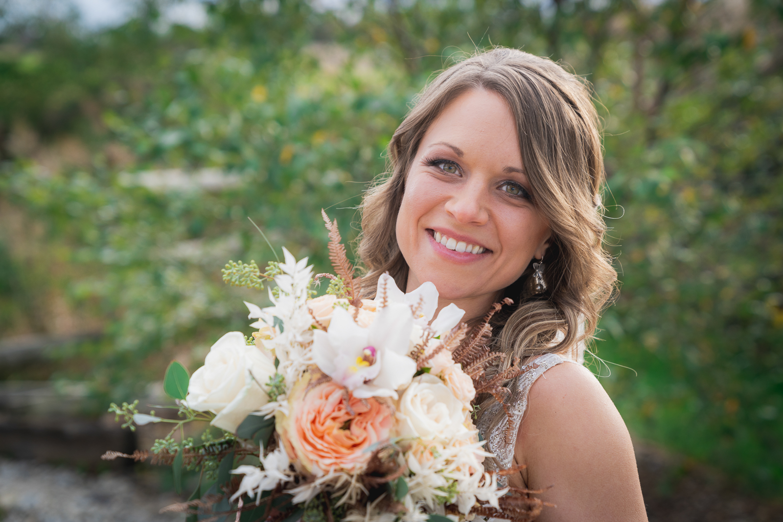 Bride, bridal portrait, flowers, smile, nature, fall wedding, rustic outdoor wedding ceremony at White Birch Barn