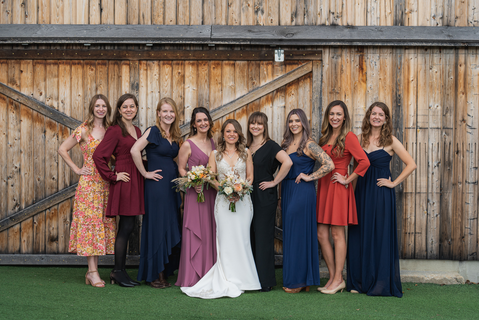 Bride with family, family portrait, wedding portrait, fall wedding, rustic outdoor wedding ceremony at White Birch Barn